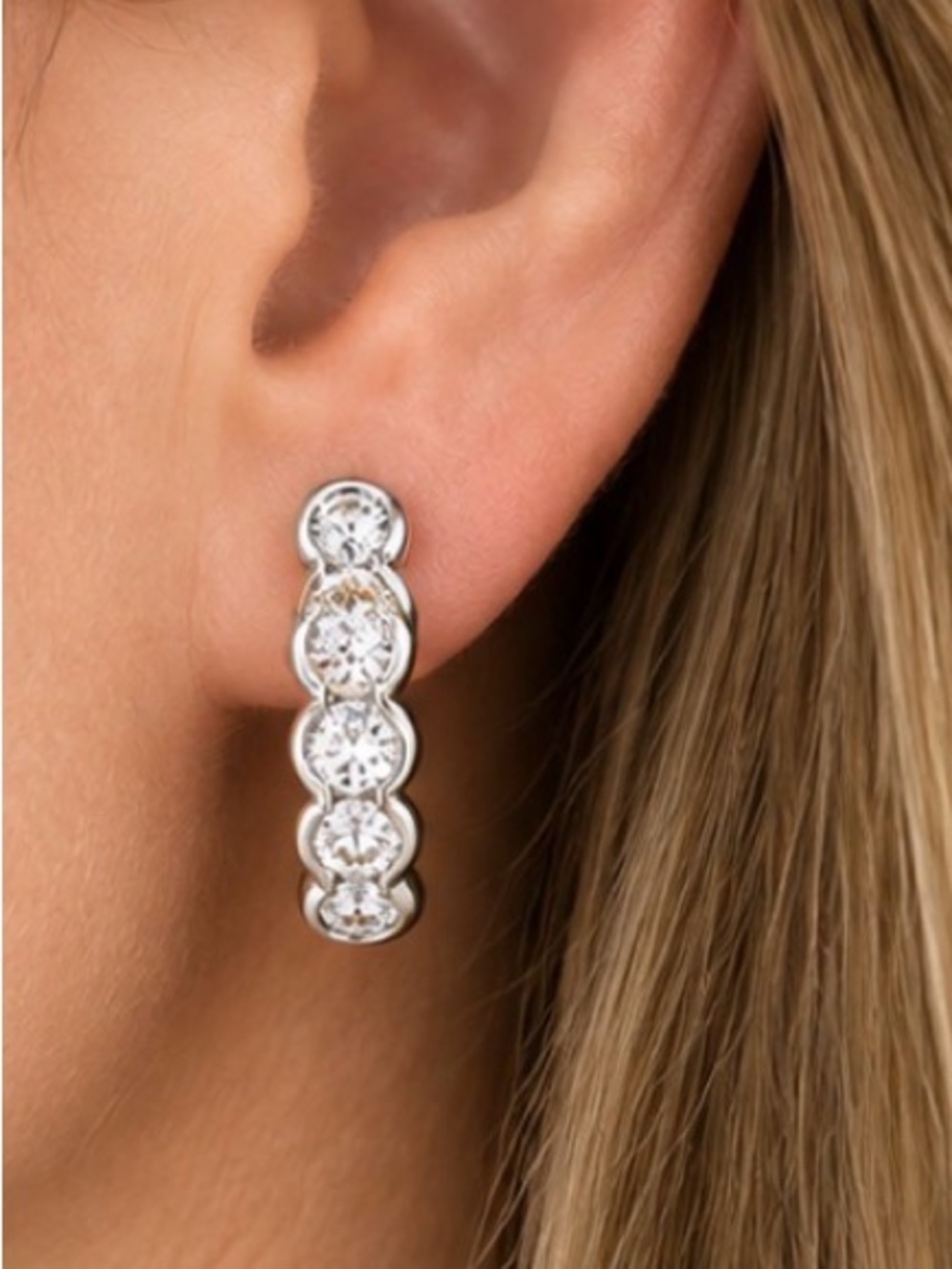 Bezel Set CZ 1/2 Hoop Earrings | Rhodium Nickel-Free | Sparkling 5/8"